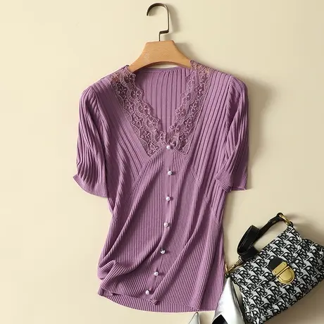 2023夏季薄款冰丝针织衫女V领短袖t恤女蕾丝花边洋气上衣打底衫女商品大图