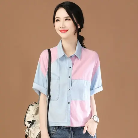 韩潮袭人POLO领撞色短袖衬衫外套女2023夏季新款显示棒球服衬衣薄商品大图