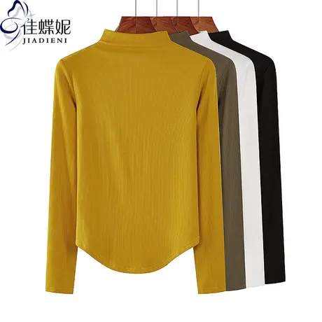 秋冬新款半高领修身显瘦纯欲圆弧纯棉纯色长袖体恤上衣女打底衫商品大图