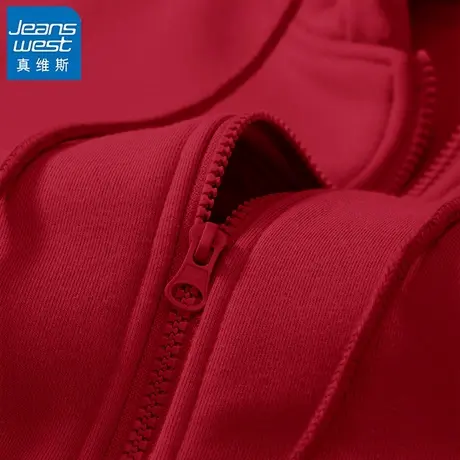 VR真维斯红色卫衣外套女2023年新款春秋冬薄款上衣运动连帽开衫图片