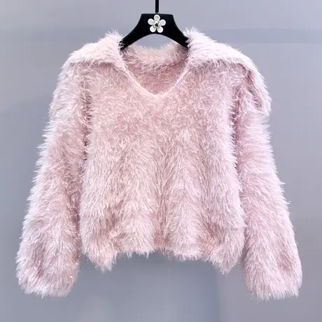 日系甜美海军领水貂绒毛衣女秋冬2023新款学院风设计感短款针织衫商品大图