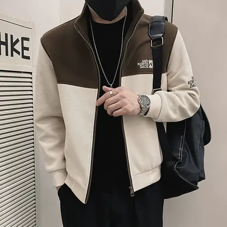秋冬款毛呢夹克男重磅拼色设计感2023年轻熟痞帅潮牌立领加厚外套商品大图