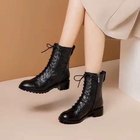 断码捡漏短靴全牛皮马丁靴真皮短靴时尚欧美马丁靴圆头中粗跟短靴图片