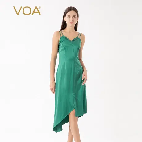 VOA青草绿弹力丝滑缎面桑蚕丝塔克褶不对称不规则下摆优雅连衣裙图片