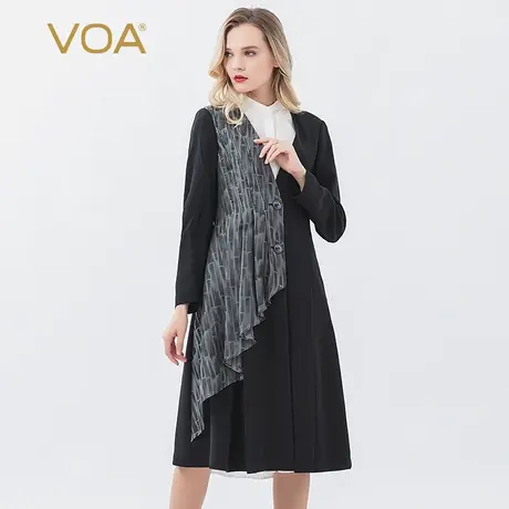 VOA真丝36姆米微弹黑重磅深V领撞料不对称拼接明线绣花桑蚕丝外套商品大图