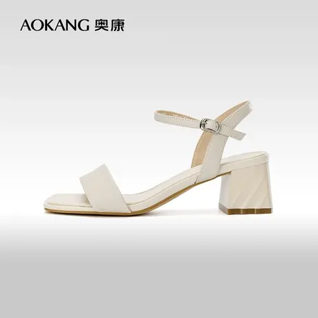 奥康女鞋 夏季气质优雅真皮女士时装凉鞋粗跟方头百搭一字带女凉商品大图