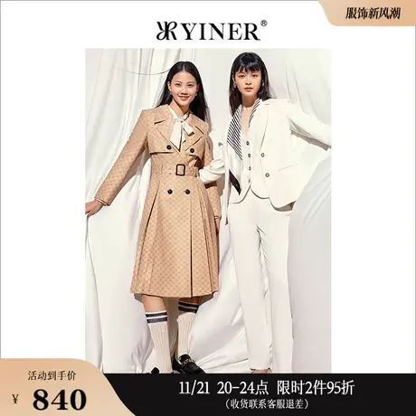 Goodland美地女装2023春季中长款高级感收腰双排扣风衣外套商品大图