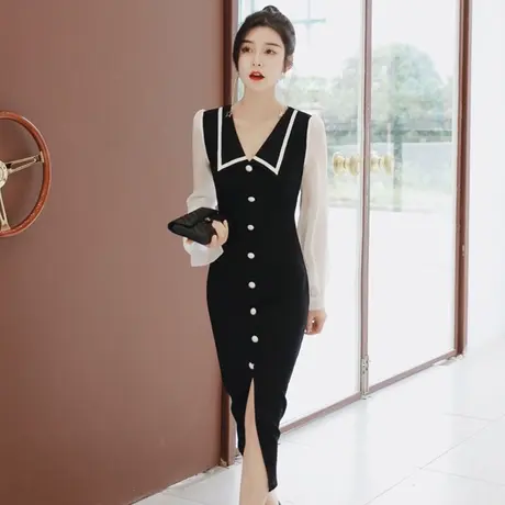 工作服职业气质V领连衣裙中长款修身显瘦赫本风名媛开叉包臀裙子图片