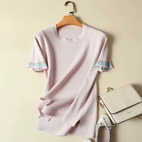 冰丝针织衫女短袖薄款春装2024年新款女夏季韩版ins宽松t恤女上衣商品大图