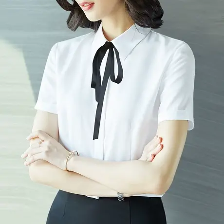 2023夏季新款减龄蝴蝶结短袖衬衣别致小众上衣ol职业正装白衬衫女商品大图