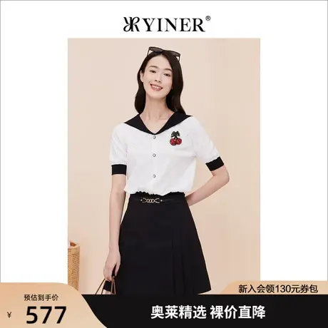 YINER音儿女装2023夏季新款钉钻短袖针织衫海军领上衣商品大图