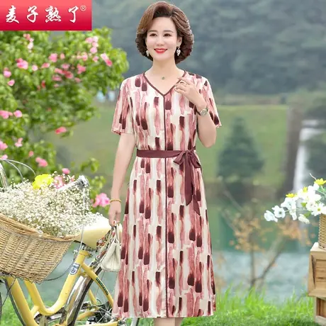 中年妈妈夏装休闲连衣裙短袖印花裙子洋气2022新款50岁中老年女装图片