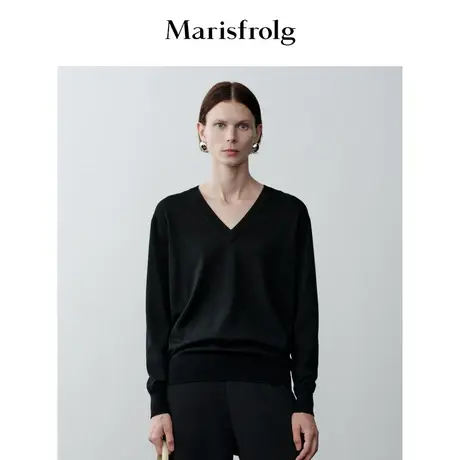 【商场同款】玛丝菲尔2023年秋季新款设计感黑色V领羊毛针织衫女商品大图