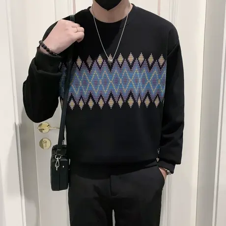 高级感几何印花套头卫衣男秋冬新款加绒保暖宽松长袖内搭T恤上衣商品大图