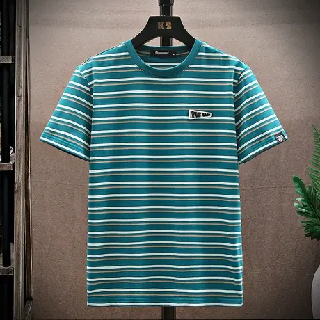 夏季圆领条纹短袖T恤男韩版潮流青少年学生宽松纯棉潮牌打底衫ins商品大图