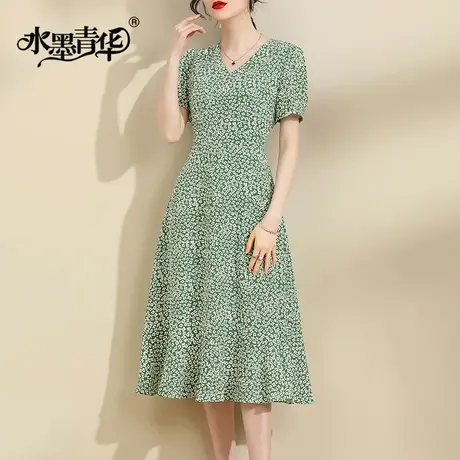 水墨青华2023夏季新款百搭显瘦V领荷叶边裙时尚花色短袖连衣裙图片