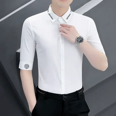 男士高端衬衫夏季百搭刺绣短中袖衬衣发型师潮流七分袖上衣打底衫商品大图