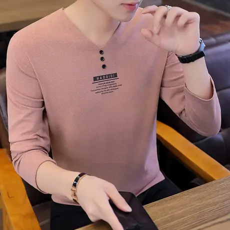 长袖T恤男2023秋冬V领德绒打底衫潮流体恤双面绒加绒加厚保暖秋衣图片