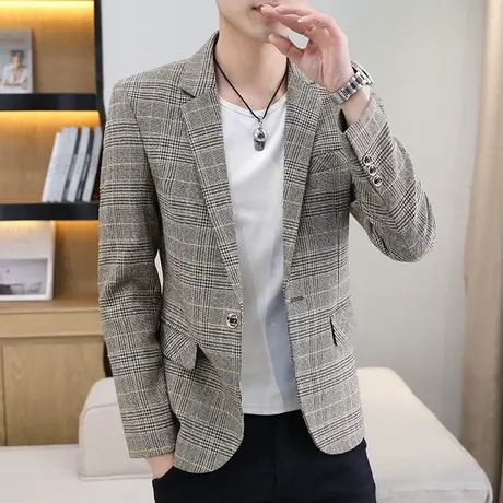 男士小西装韩版修身上衣帅气休闲格子单西服套装潮流春秋正装外套图片