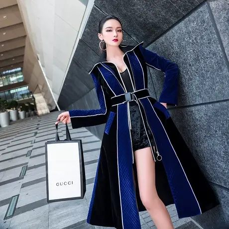 VJE秋冬丝绒撞色棉大衣中长款新款时尚收腰过膝夹棉棉服外套图片