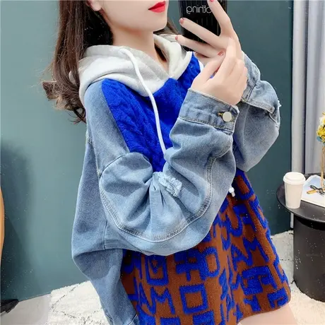 牛仔拼接外套女秋冬2021年新款宽松慵懒风连帽毛衣设计感小众上衣商品大图