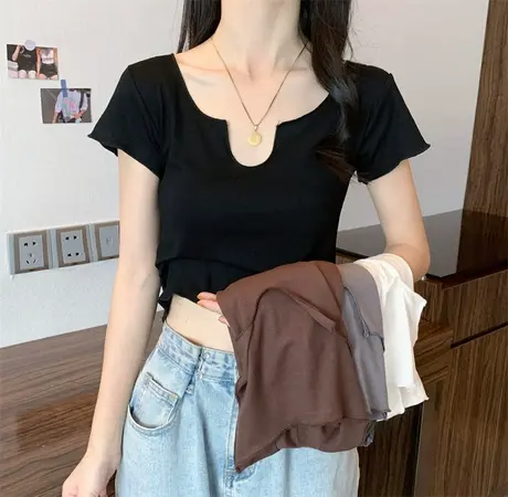 辣妹短款纯色T恤女早春2023新款修身显瘦内搭打底衫白色短袖上衣商品大图