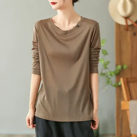 dza复古休闲天丝T恤女士2023春秋宽松内搭打底衫短款纯色长袖上衣商品大图