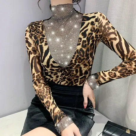 女装2024新款潮性感镂空网纱T恤长袖洋气豹纹网红上衣紧身小衫秋商品大图