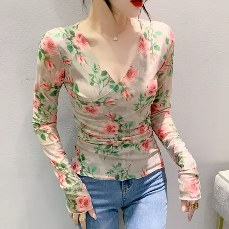 复古印花T恤女2024夏季新款薄款空调衫性感V领网纱防晒上衣长袖潮图片
