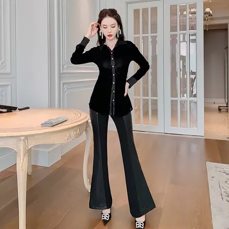 小众丝绒修身上衣polo领长袖衬衣高级设计感职业装气质衬衫外套女商品大图