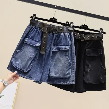 大码牛仔阔腿短裤女夏季胖mm裙裤宽松显瘦个性大口袋时尚百搭热裤商品大图