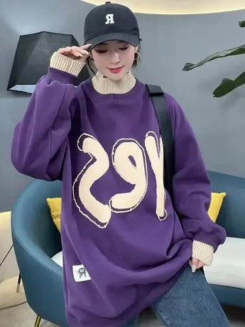 2023新款假两件加绒加厚卫衣女字母印花宽松半高领中长款卫衣女潮图片