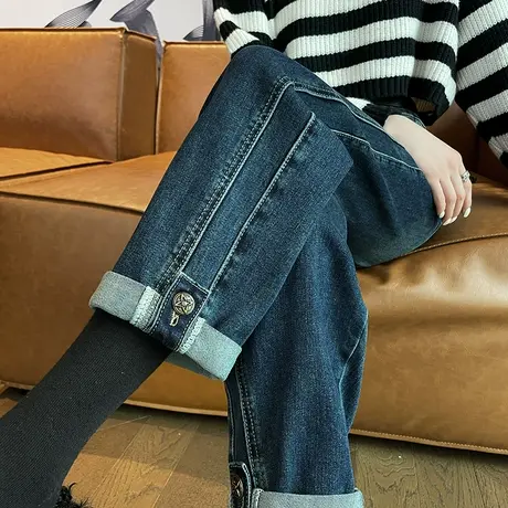 卷边哈伦牛仔裤女春秋新款高腰显瘦大码胖mm宽松直筒萝卜老爹裤子商品大图