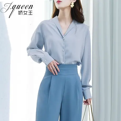 蓝色长袖衬衫女春季百搭雪纺衫气质通勤职业OL小V领衬衣垂感上衣图片