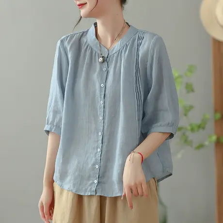 dza 复古压褶苎麻衬衫女2023夏薄款立领衬衣休闲宽松棉麻开衫上衣图片