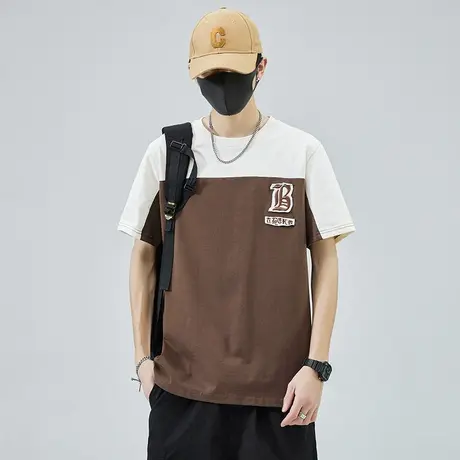夏天纯棉撞色男士潮流短袖T恤夏季薄款男生宽松圆领情侣夏装半袖商品大图