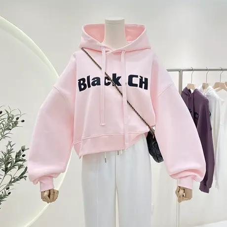 春季女装美式复古短款连帽卫衣女时尚洋气字母刺绣百搭上衣外套商品大图