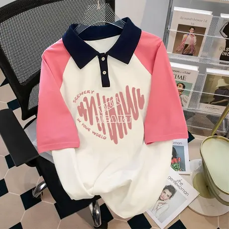 韩版插肩袖T恤女oversize大码撞色减龄复古ins潮夏季拼接短袖上衣商品大图