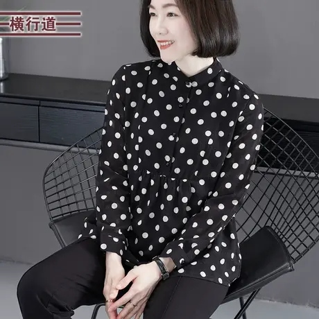 2024春季新款简约休闲立领波点长袖娃娃款雪纺衫女装外穿上衣大码图片