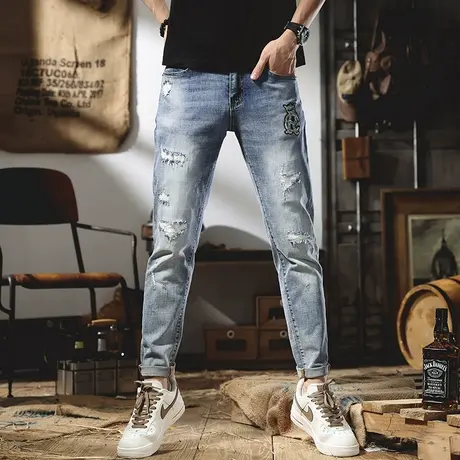 欧货刺绣破洞牛仔裤男夏季薄款潮牌直筒修身小脚弹力休闲长裤子潮商品大图