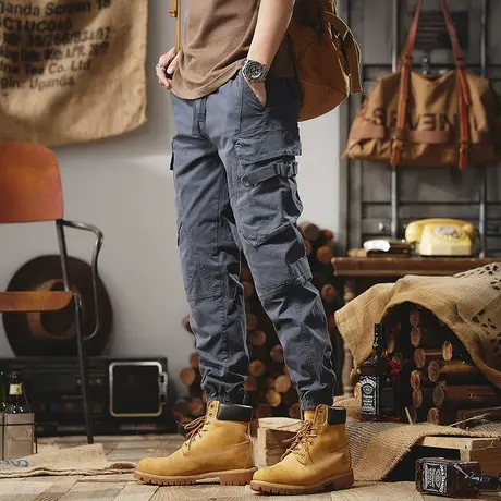 美式复古宽松工装裤男春季石磨水洗潮牌拼色阔腿休闲裤宽松直筒图片