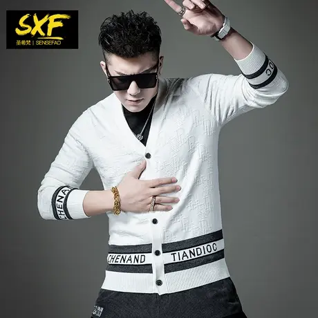 SXF圣希梵针织开衫男 潮牌条纹提花v领毛衫 修身秋季毛衣男士外套图片