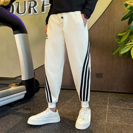 休闲裤男冬季加绒加厚个性拼接条纹卫裤宽松束脚痞帅哈伦运动裤商品大图