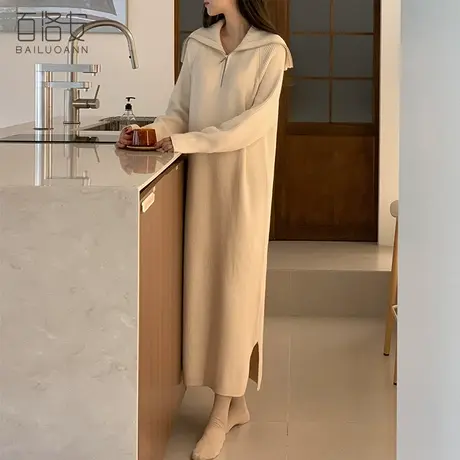 百洛安时尚大翻领拉链针织连衣裙女春季新款宽松长袖长款过膝毛衣图片