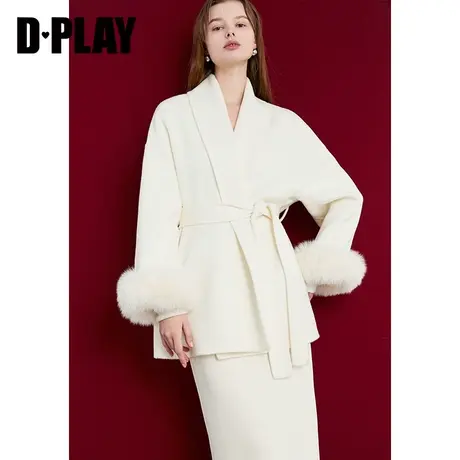 DPLAY冬装大衣白色大衣可拆狐狸毛领双面呢羊毛大衣商品大图