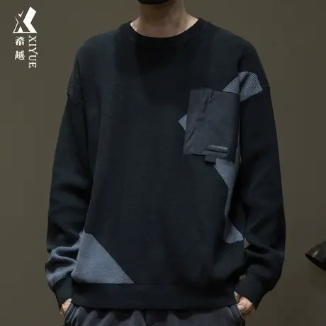 美式撞色拼接12针圆领毛衣男春季保暖百搭宽松大码男士针织衫外套商品大图