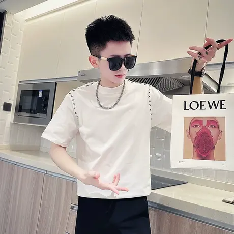 夏季时尚潮牌简约明线设计感修身上衣短袖t恤潮男休闲半袖体恤商品大图