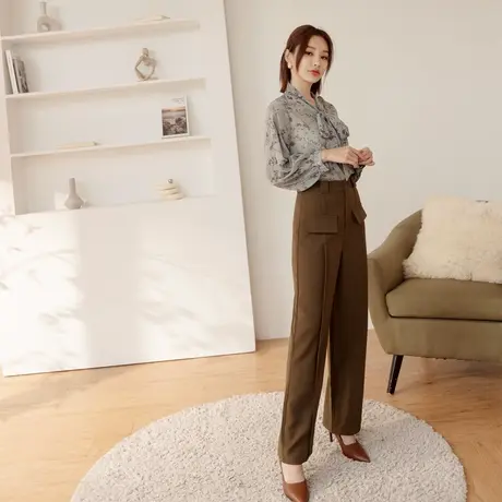 桔熊秋冬季通勤西装长裤子女舒适设计感宽松高腰直筒裤大码BA7360图片