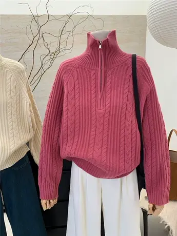 2024新款秋冬韩系半拉链设计感复古加厚麻花高领毛衣女外穿上衣服商品大图