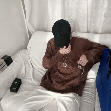 毛衣男冬季2023纯色宽松高级感休闲麻花条纹保暖套头针织毛线衣商品大图